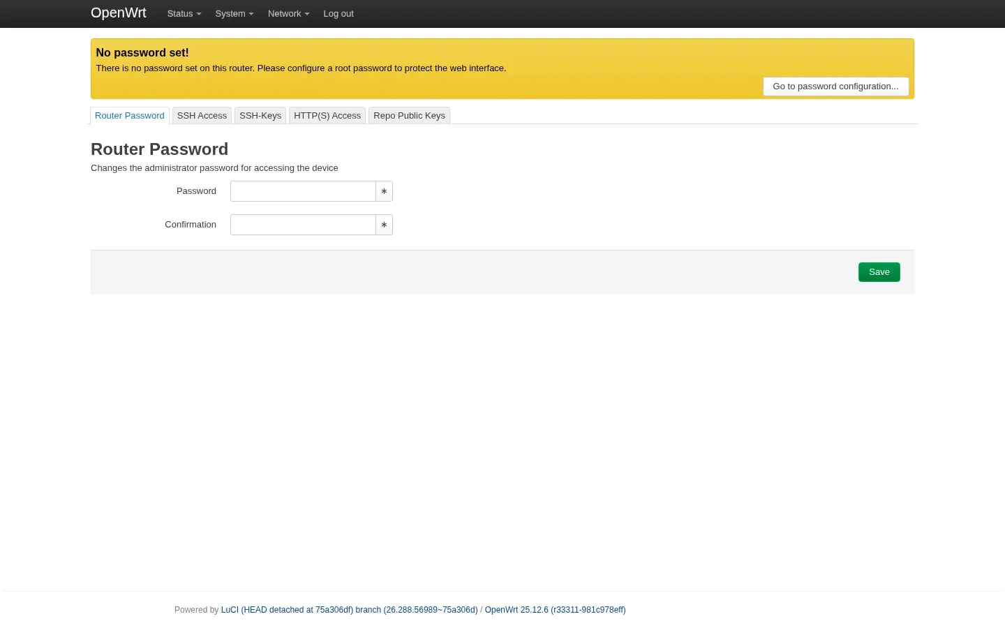 LuCI Router Password page with a no-password warning and Password/Confirmation fields