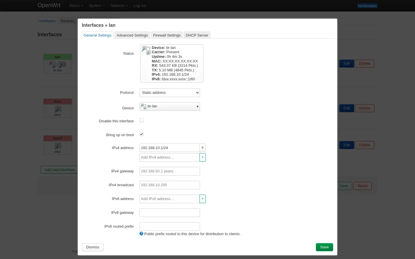 LuCI LAN edit dialog with IPv4 address 192.168.10.1/24