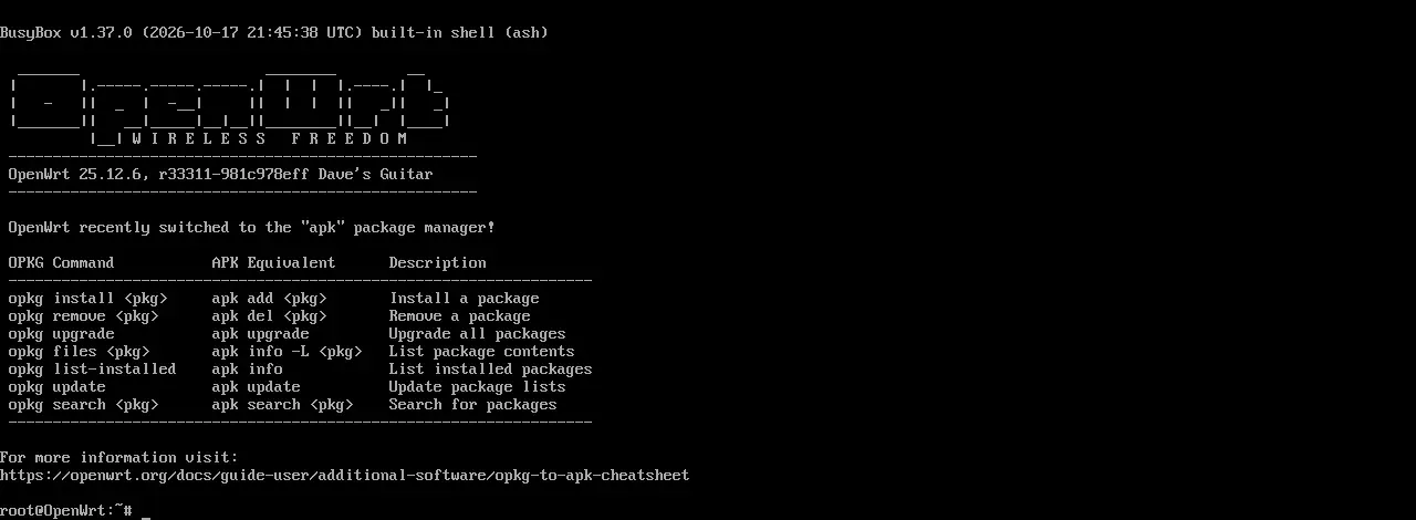 OpenWrt 25.12.6 root shell and apk notice in a Proxmox VE VM console